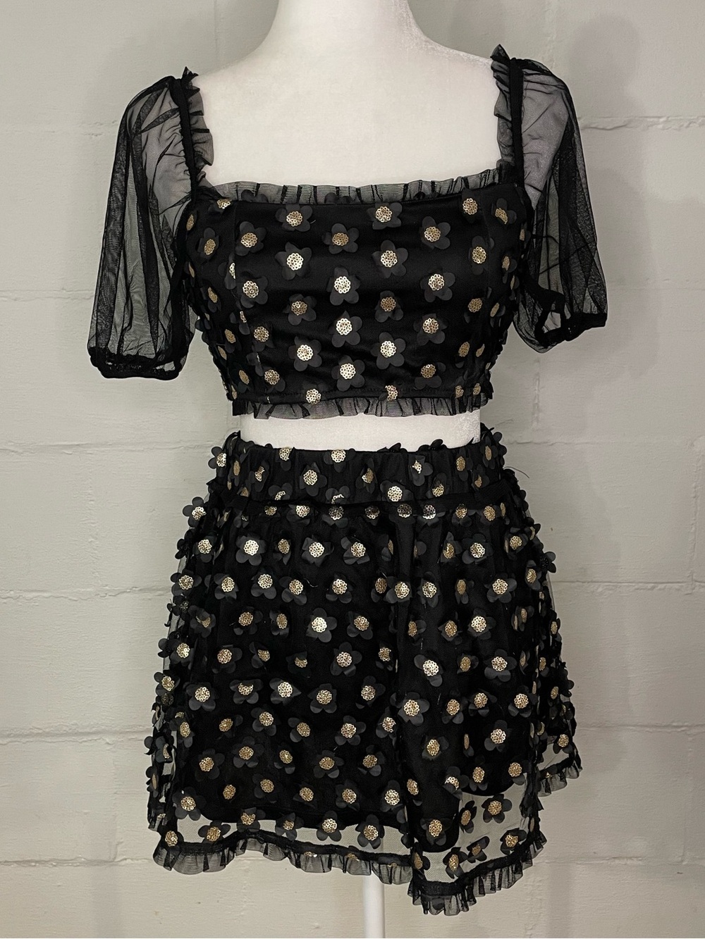 Storia Black Two-Piece Floral Appliqué Skirt Set with Gold Accents